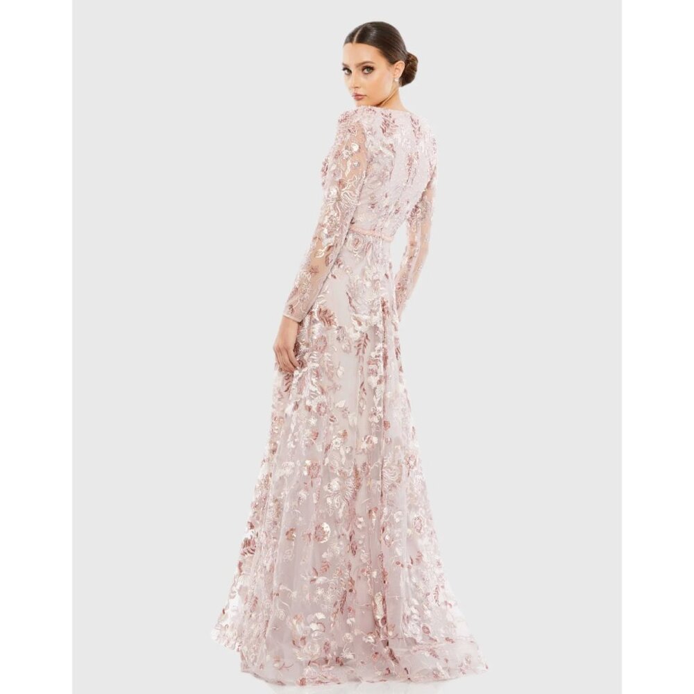 Mac Duggal Embellished V Neck Illusion Long Sleeve A Line Gown in Rose Size 12 - Picture 3 of 12